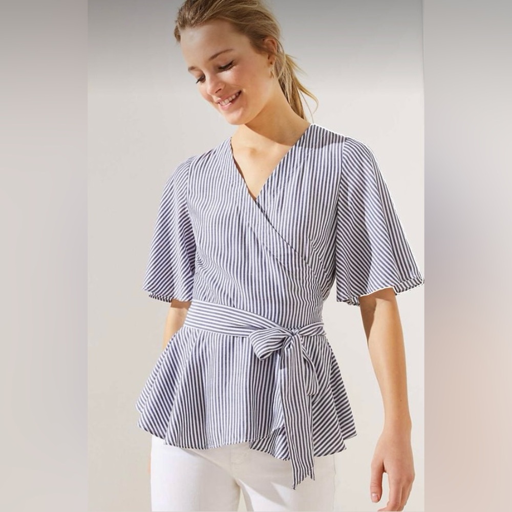 LOFT Navy and White Striped V-Neckline Short Sleeve Wrap Blouse - Picture 1 of 5